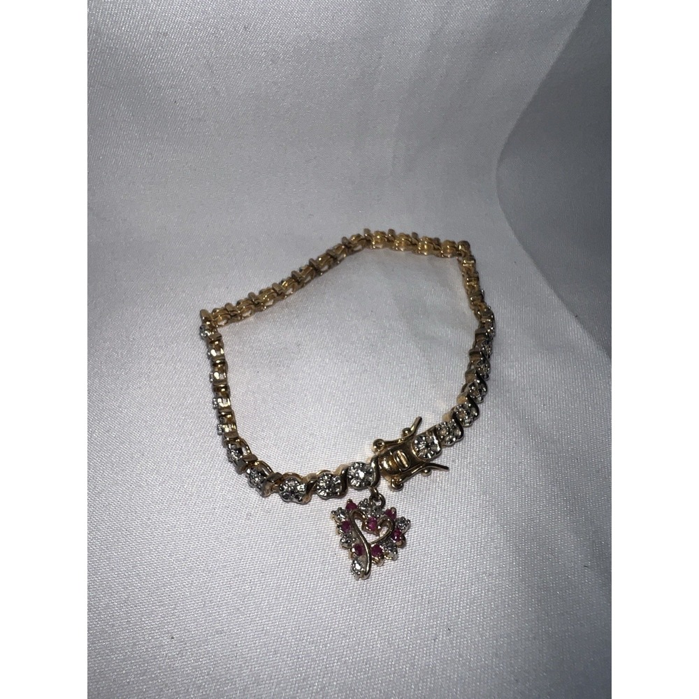 VINTAGE ROSS SIMONS GOLD PLATED 925 RUBY HEART DIAMOND  TENNIS BRACELET